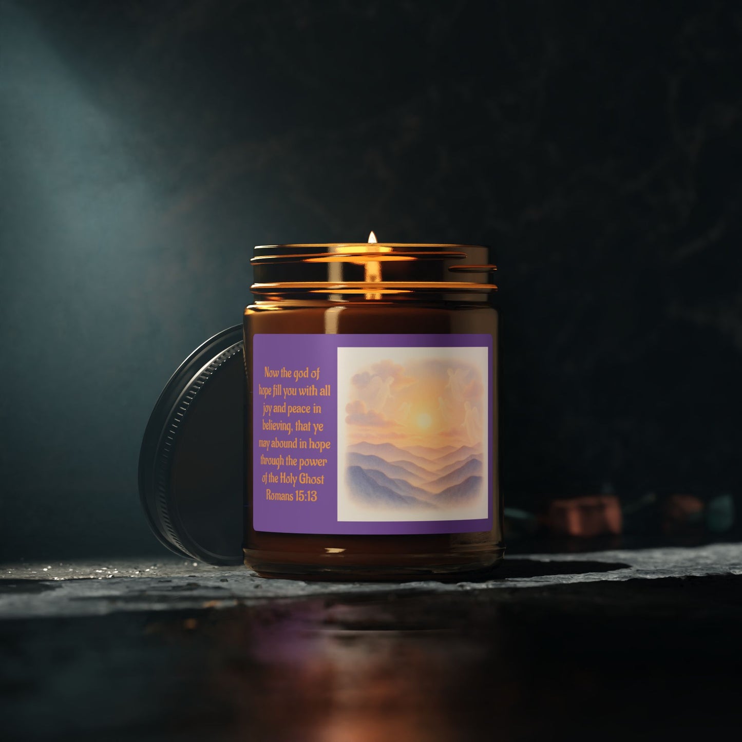 Romans 15:13  Scented Soy Candle (Multi-Size, Amber Jar)